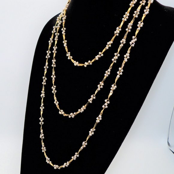 Small Pearls Gold Tone 3 Strand Necklaces and Bracelet Set - Picture 16 of 16